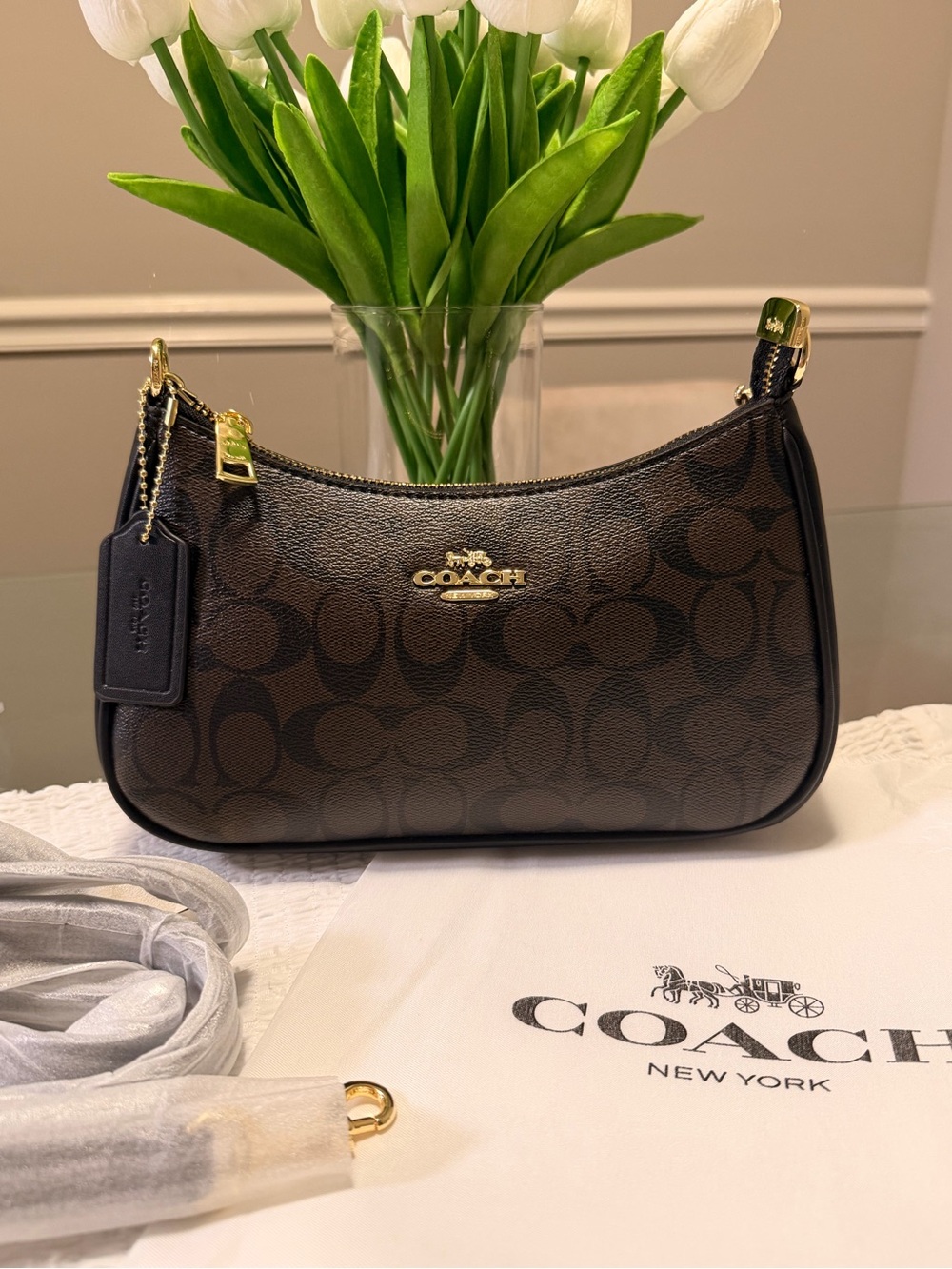 Coach Dark Brown Signature Canvas Shoulder Bag with Gold Hardware